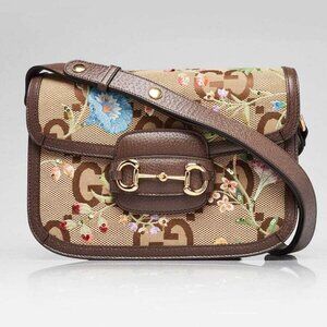Gucci Beige/Ebony Jumbo GG Canvas/Leather Floral Embroidered 1955 Horsebit Sh...